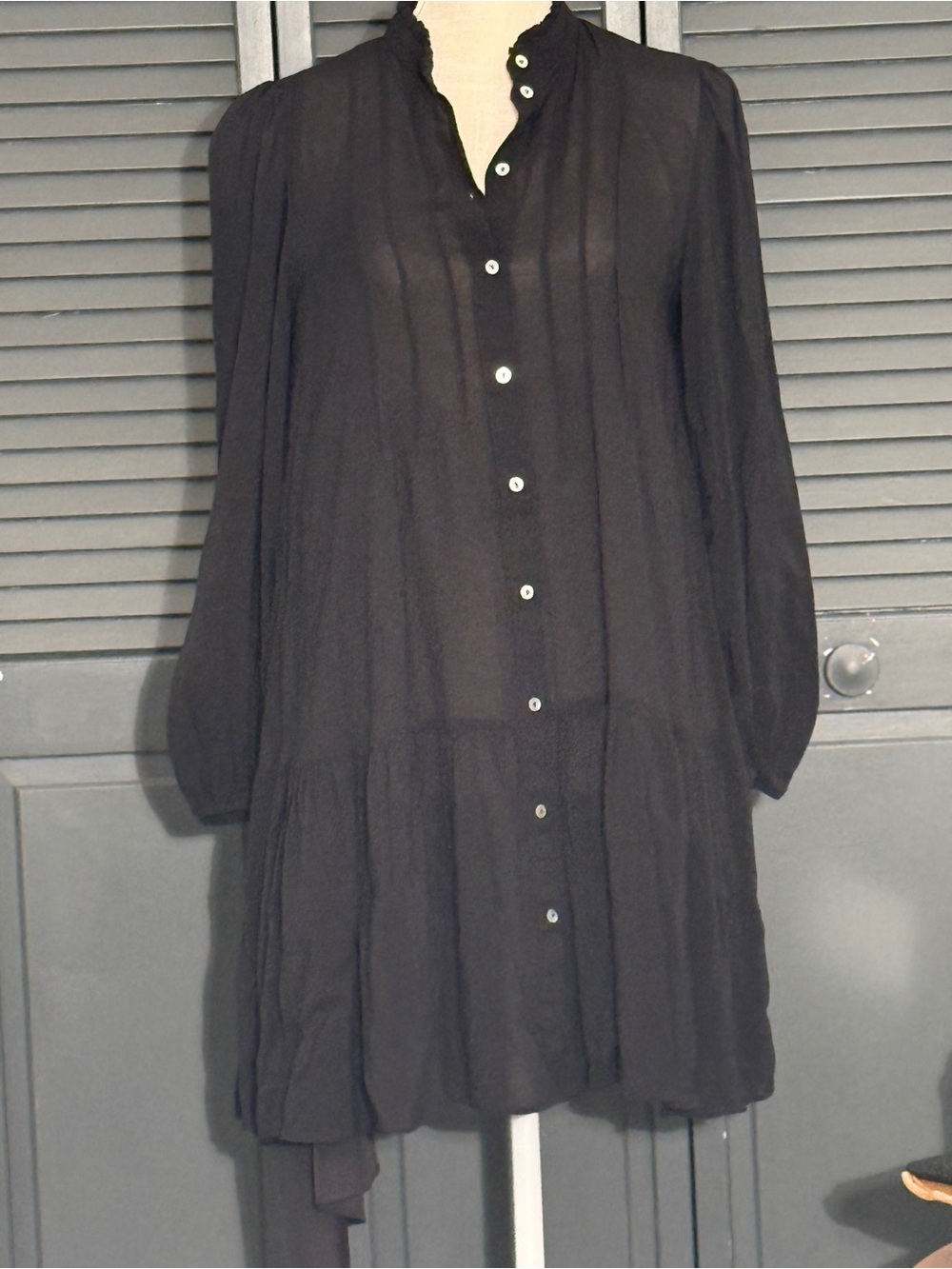 MANGO (MNG) Black Ruffle Neck Pleated Mini Dress / Tunic Sz S Semi-Sheer Boho